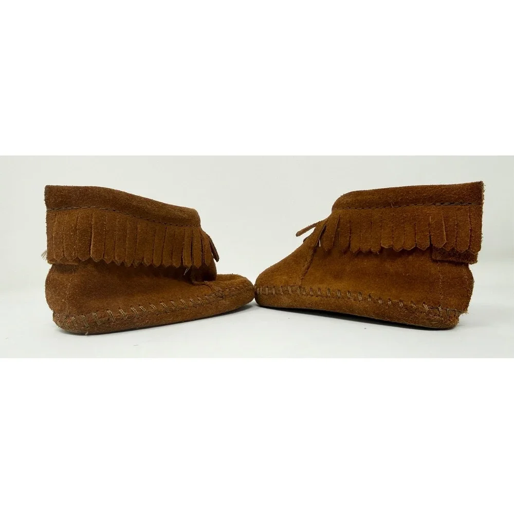 Minnetonka Infant's Brown Suede Leather Fringe‎ Back Strap Booties Size 3